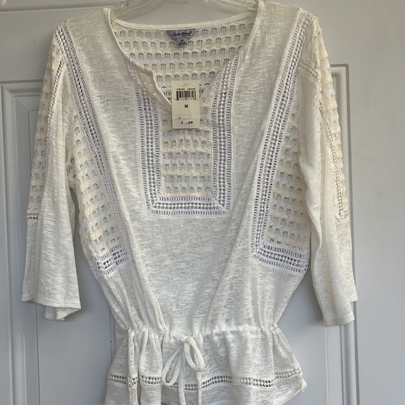 Lucky Brand White Peasant blouse. Size M. Tie waist. Open Embroidery - Picture 7 of 13